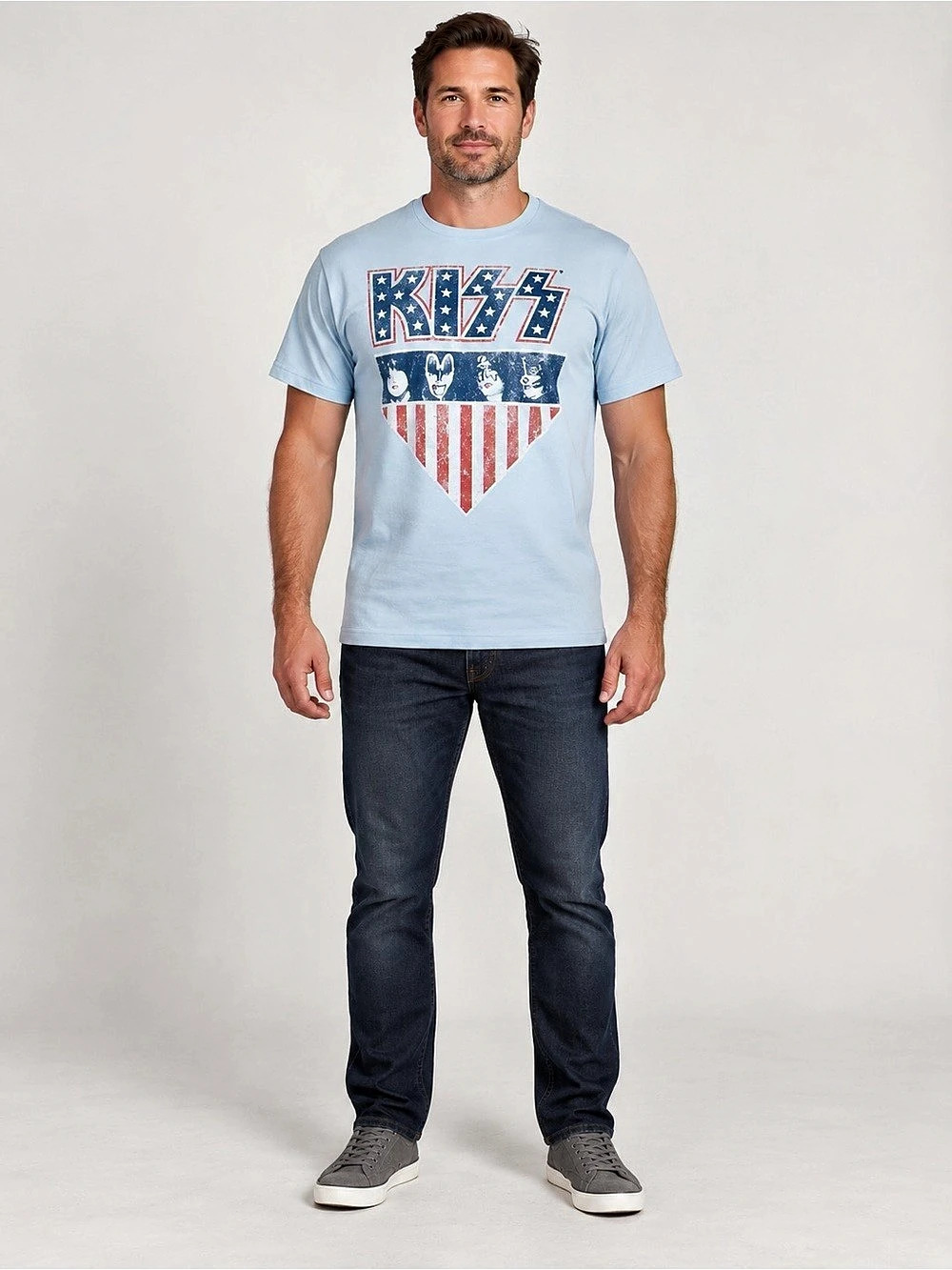 KISS Band Graphic Light Blue Distressed American Flag Licensed Large T-Shirt